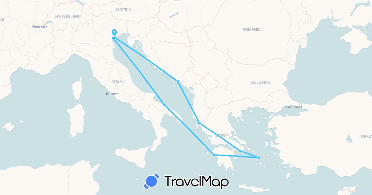 TravelMap itinerary: driving, boat in Albania, Greece, Croatia, Italy (Europe)